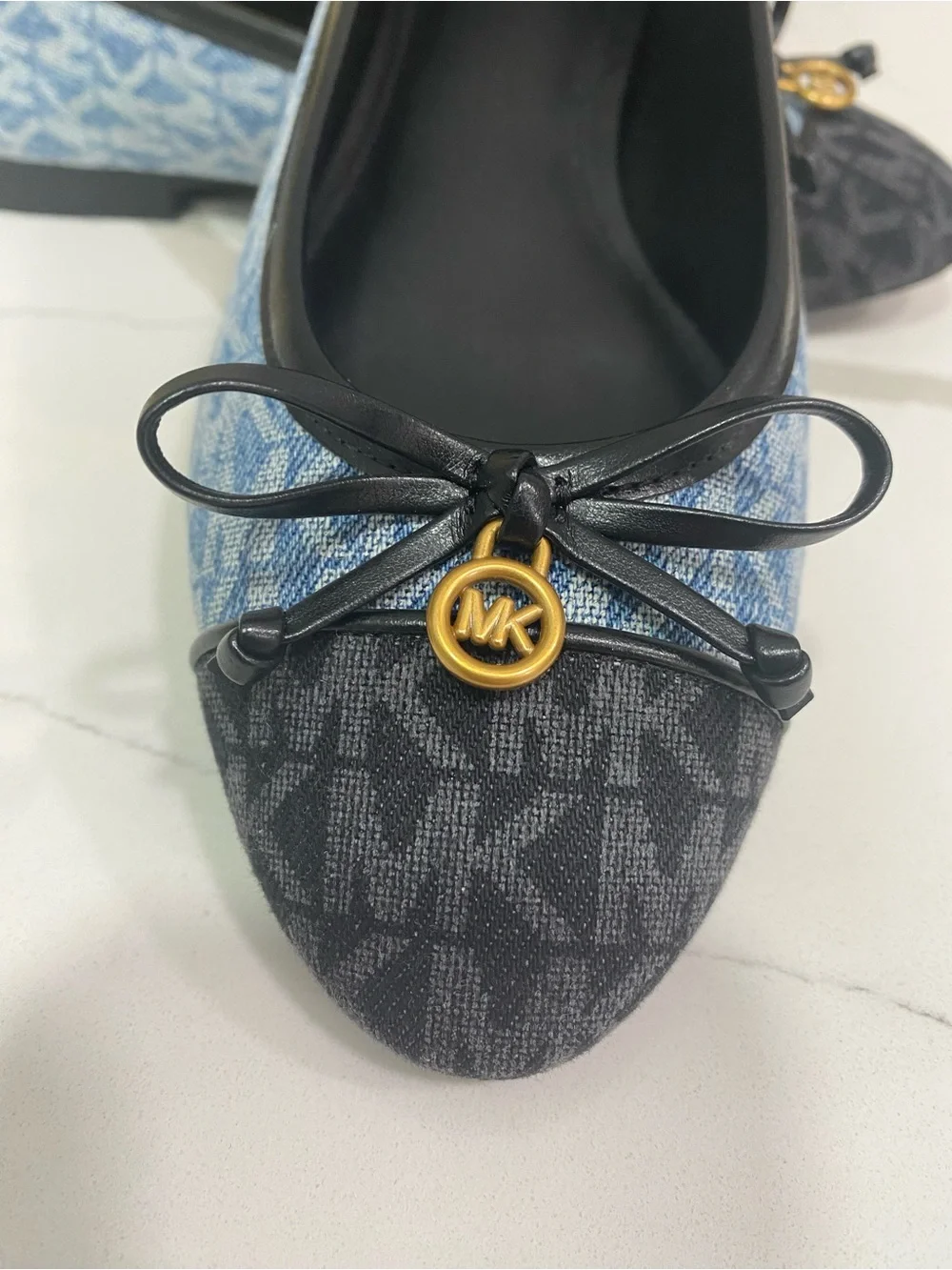 Michael Kors Blue Denim & Black MK Logo Ballet Flats with Gold Charm